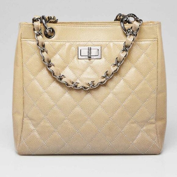 Chanel Beige Quilted Patent Caviar Leather Petite Reissue Shopping Tote Bag - Picture 1 of 12
